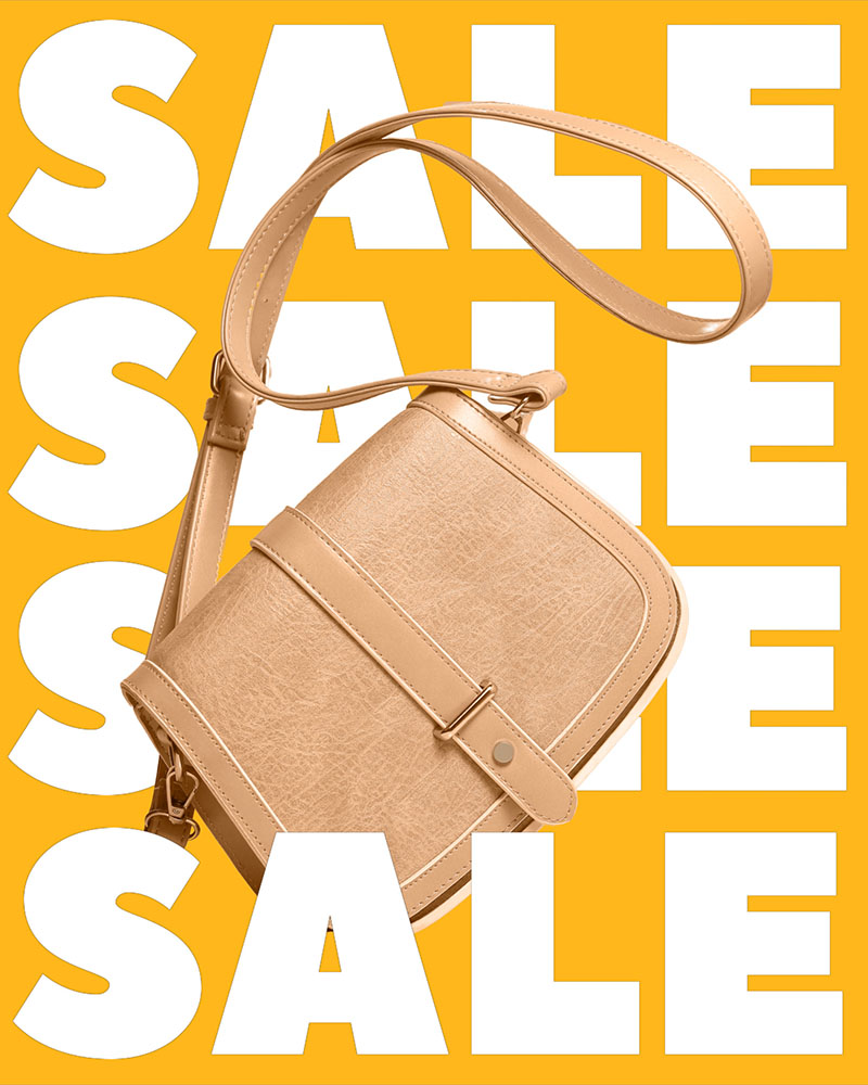 a sale promo image for social media with bag on yellow background