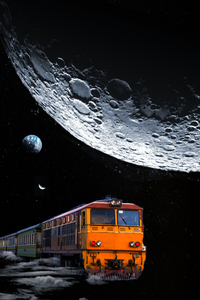 a surreal photo concept containing a train, the moon and planet Earth