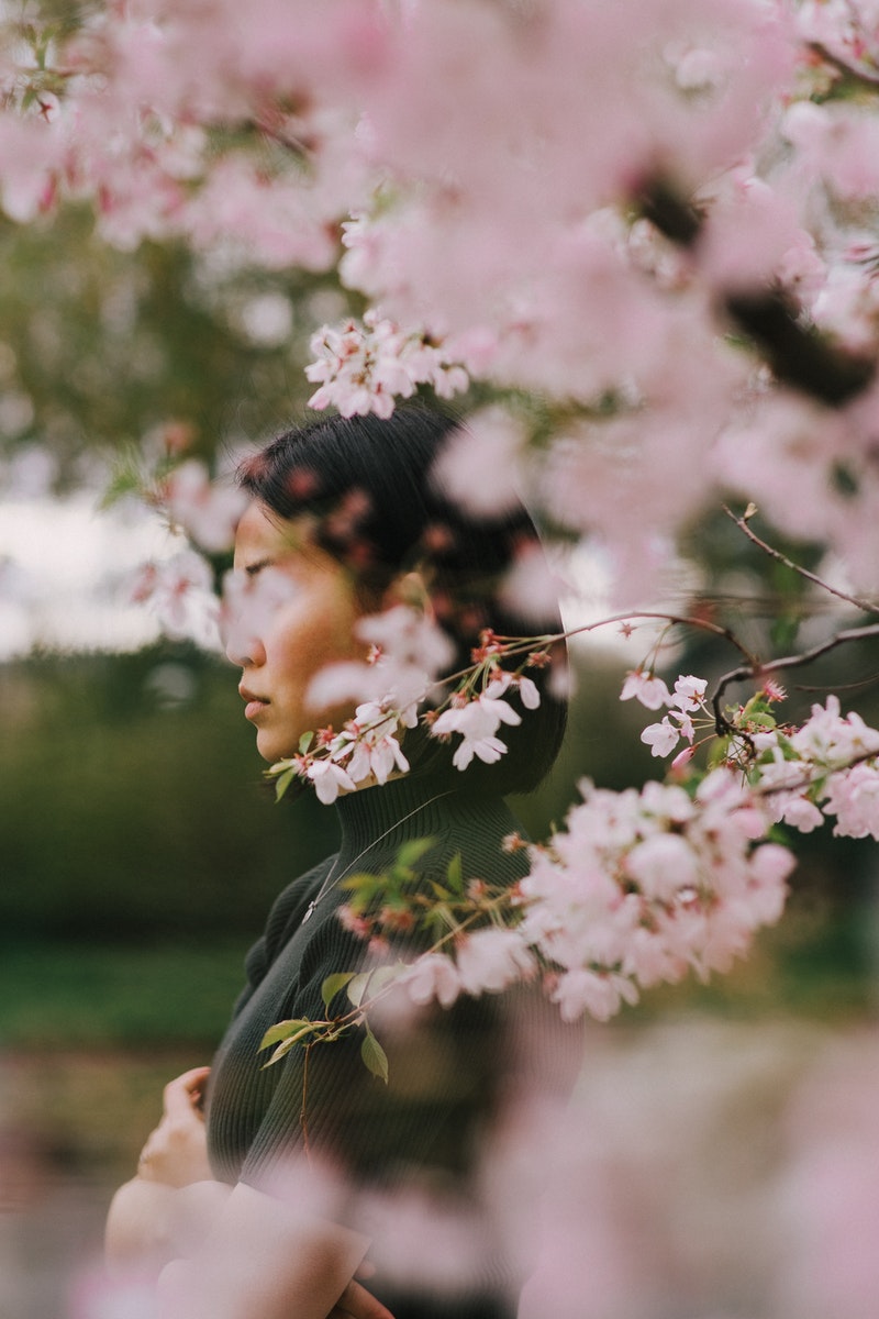 a young woman posing near cherry blossom trees