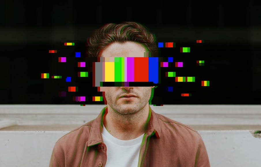 man with tv static glitch effect across eyes